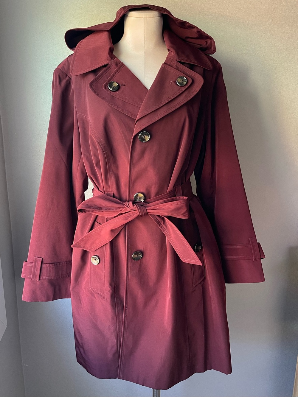 London Fog Burgundy Lined Hooded Trench Coat